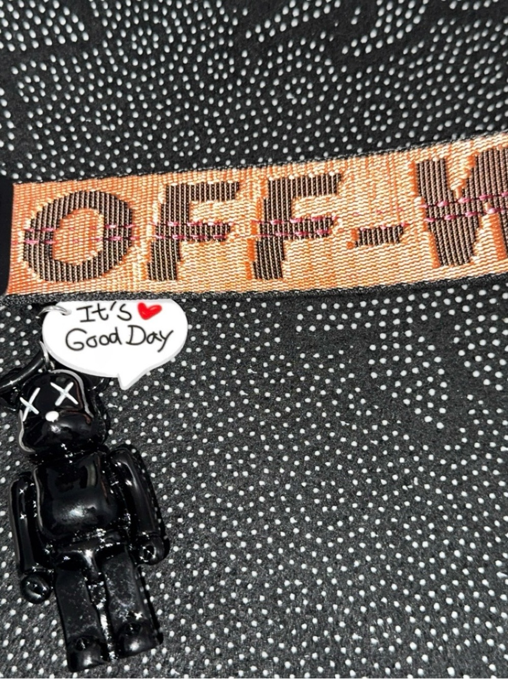 Off-White Orange Logo Webbing Strap with Black Bear Charm